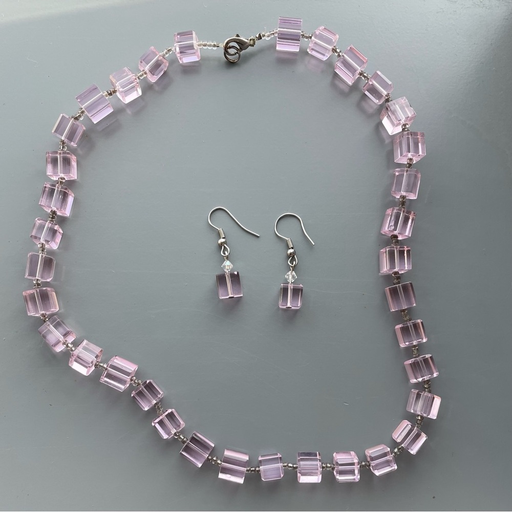 Pale Pink Square Glass Bead Necklace Dangle Earrings Set